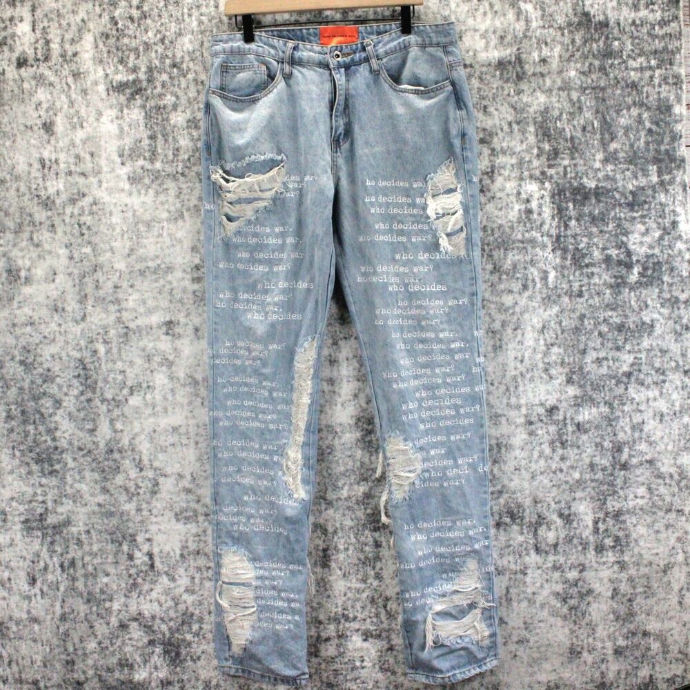 Who Decides War Scriptured Distressed Jeans Mens Size 34 x 36 Sky Light Wash